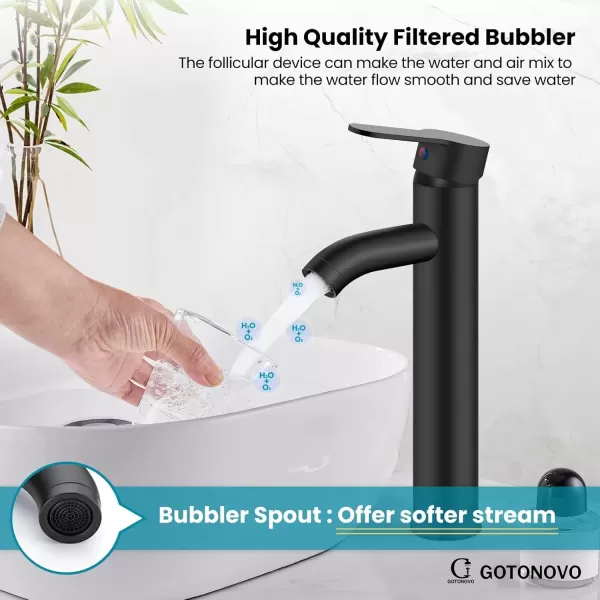 imagegotonovo Matte Black and Brushed Nickel 1 Hole 1 Handle Vessel Bathroom Faucet with Pop Up Drain Assembly RV Vanity Lavatory Faucet Deck Mounted Supply Hoses Stainless SteelMatte Black