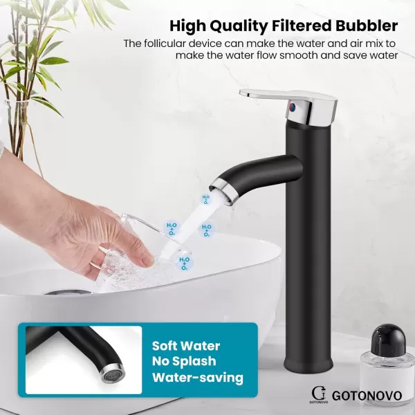 imagegotonovo Matte Black and Brushed Nickel 1 Hole 1 Handle Vessel Bathroom Faucet with Pop Up Drain Assembly RV Vanity Lavatory Faucet Deck Mounted Supply Hoses Stainless SteelMatte Black and Polish Chrome
