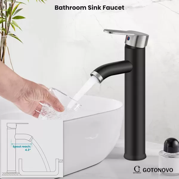 imagegotonovo Matte Black and Brushed Nickel 1 Hole 1 Handle Vessel Bathroom Faucet with Pop Up Drain Assembly RV Vanity Lavatory Faucet Deck Mounted Supply Hoses Stainless SteelMatte Black and Brushed Nickel