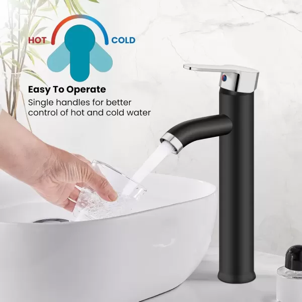 imagegotonovo Matte Black and Brushed Nickel 1 Hole 1 Handle Vessel Bathroom Faucet with Pop Up Drain Assembly RV Vanity Lavatory Faucet Deck Mounted Supply Hoses Stainless SteelMatte Black and Polish Chrome