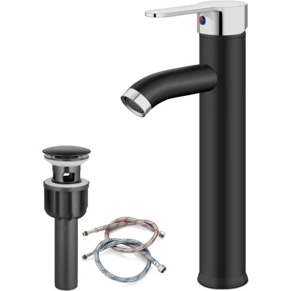 imagegotonovo Matte Black and Brushed Nickel 1 Hole 1 Handle Vessel Bathroom Faucet with Pop Up Drain Assembly RV Vanity Lavatory Faucet Deck Mounted Supply Hoses Stainless SteelMatte Black and Polish Chrome