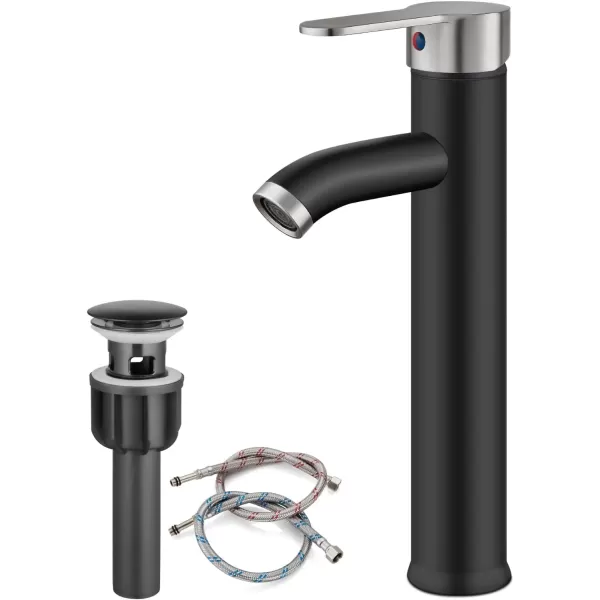 imagegotonovo Matte Black and Brushed Nickel 1 Hole 1 Handle Vessel Bathroom Faucet with Pop Up Drain Assembly RV Vanity Lavatory Faucet Deck Mounted Supply Hoses Stainless SteelMatte Black and Brushed Nickel