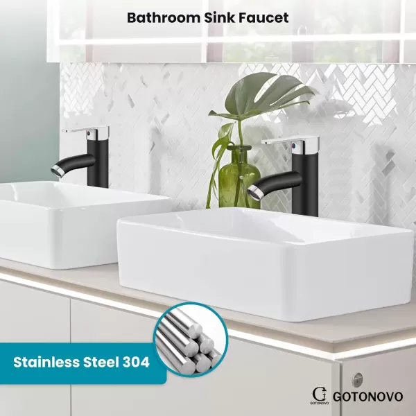 imagegotonovo Matte Black and Brushed Nickel 1 Hole 1 Handle Vessel Bathroom Faucet with Pop Up Drain Assembly RV Vanity Lavatory Faucet Deck Mounted Supply Hoses Stainless SteelMatte Black and Polish Chrome