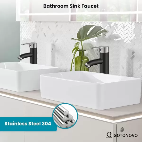 imagegotonovo Matte Black and Brushed Nickel 1 Hole 1 Handle Vessel Bathroom Faucet with Pop Up Drain Assembly RV Vanity Lavatory Faucet Deck Mounted Supply Hoses Stainless SteelMatte Black and Brushed Nickel