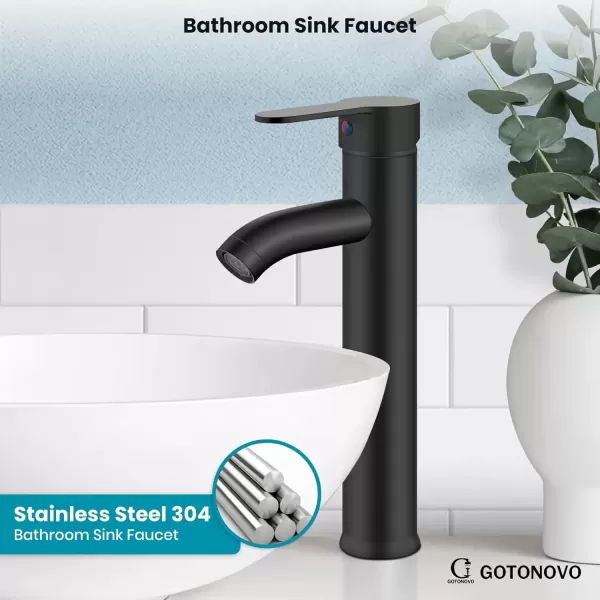imagegotonovo Matte Black and Brushed Nickel 1 Hole 1 Handle Vessel Bathroom Faucet with Pop Up Drain Assembly RV Vanity Lavatory Faucet Deck Mounted Supply Hoses Stainless SteelMatte Black