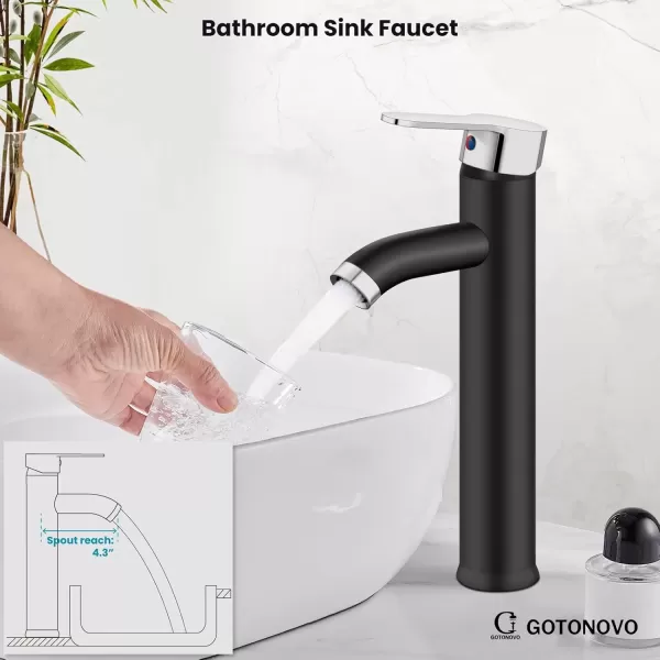 imagegotonovo Matte Black and Brushed Nickel 1 Hole 1 Handle Vessel Bathroom Faucet with Pop Up Drain Assembly RV Vanity Lavatory Faucet Deck Mounted Supply Hoses Stainless SteelMatte Black and Polish Chrome