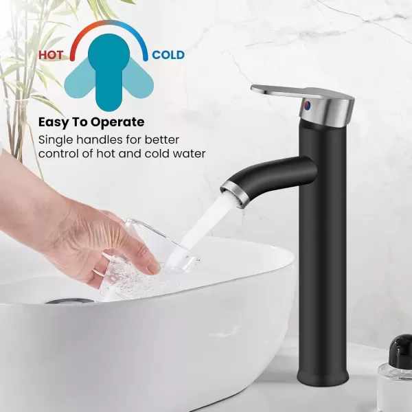 imagegotonovo Matte Black and Brushed Nickel 1 Hole 1 Handle Vessel Bathroom Faucet with Pop Up Drain Assembly RV Vanity Lavatory Faucet Deck Mounted Supply Hoses Stainless SteelMatte Black and Brushed Nickel