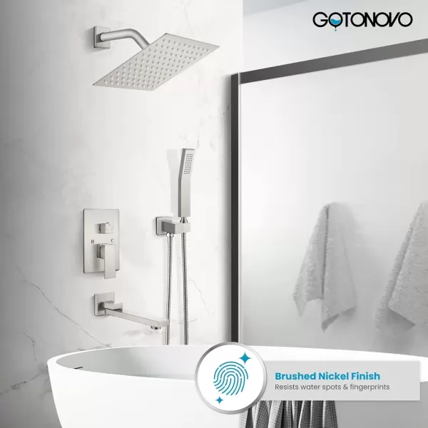 imagegotonovo Oil Rubbed Bronze Shower System Wall Mount Triple Function Bathroom Shower Faucet Set High Pressure Square 10quot Rain Showerhead Tub Shower Faucet with Hand Shower RoughIn ValveBrushed Nickel