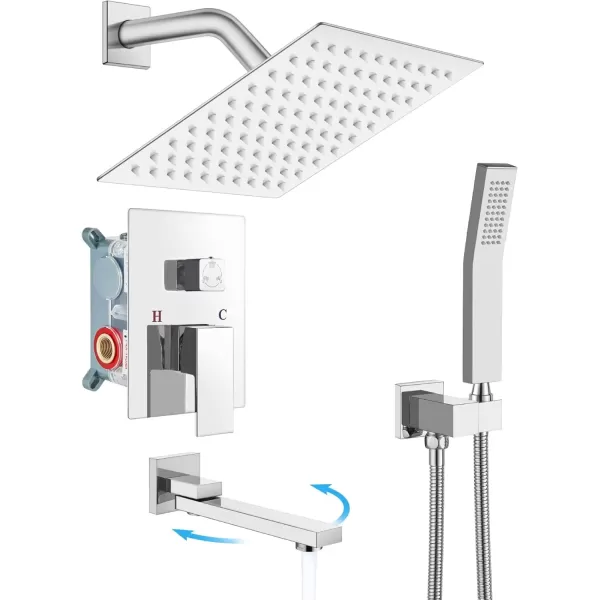 imagegotonovo Oil Rubbed Bronze Shower System Wall Mount Triple Function Bathroom Shower Faucet Set High Pressure Square 10quot Rain Showerhead Tub Shower Faucet with Hand Shower RoughIn ValveChrome Polished