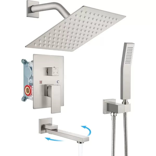imagegotonovo Oil Rubbed Bronze Shower System Wall Mount Triple Function Bathroom Shower Faucet Set High Pressure Square 10quot Rain Showerhead Tub Shower Faucet with Hand Shower RoughIn ValveBrushed Nickel