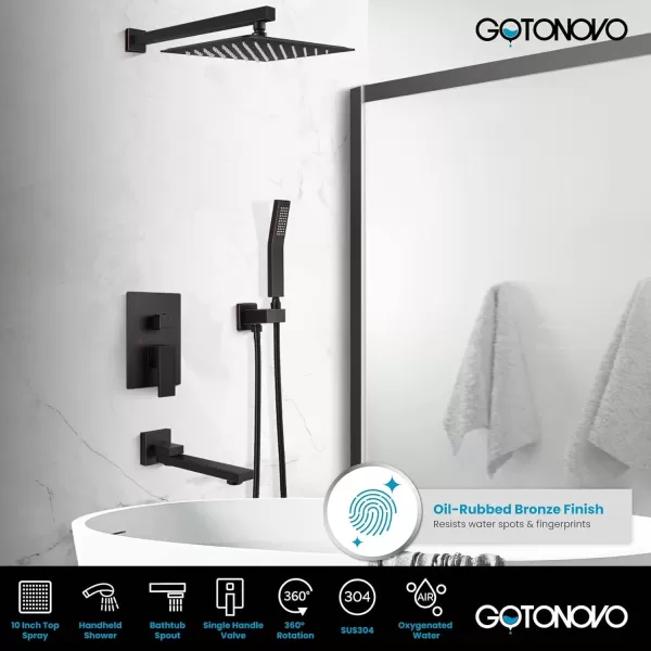 imagegotonovo Oil Rubbed Bronze Shower System Wall Mount Triple Function Bathroom Shower Faucet Set High Pressure Square 10quot Rain Showerhead Tub Shower Faucet with Hand Shower RoughIn ValveOil Rubbed Bronze