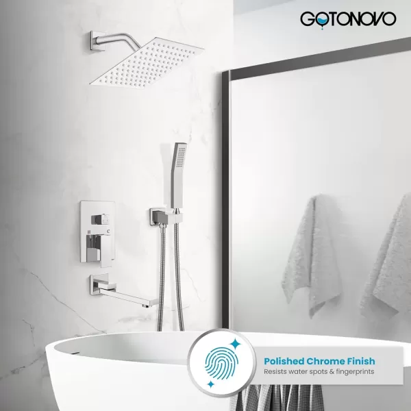 imagegotonovo Oil Rubbed Bronze Shower System Wall Mount Triple Function Bathroom Shower Faucet Set High Pressure Square 10quot Rain Showerhead Tub Shower Faucet with Hand Shower RoughIn ValveChrome Polished