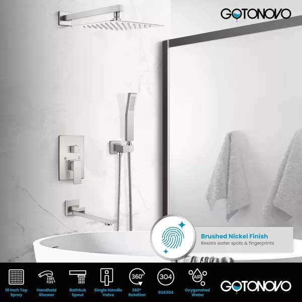 imagegotonovo Oil Rubbed Bronze Shower System Wall Mount Triple Function Bathroom Shower Faucet Set High Pressure Square 10quot Rain Showerhead Tub Shower Faucet with Hand Shower RoughIn ValveBrushed Nickel