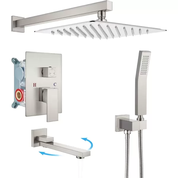 imagegotonovo Oil Rubbed Bronze Shower System Wall Mount Triple Function Bathroom Shower Faucet Set High Pressure Square 10quot Rain Showerhead Tub Shower Faucet with Hand Shower RoughIn ValveBrushed Nickel