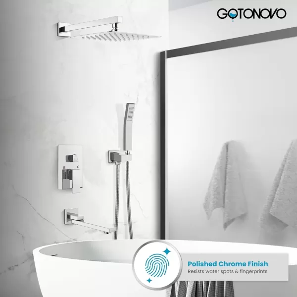 imagegotonovo Oil Rubbed Bronze Shower System Wall Mount Triple Function Bathroom Shower Faucet Set High Pressure Square 10quot Rain Showerhead Tub Shower Faucet with Hand Shower RoughIn ValveChrome Polished