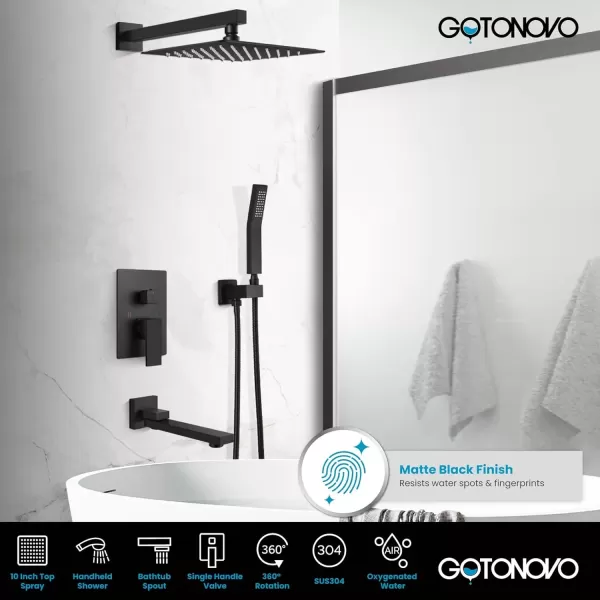 imagegotonovo Oil Rubbed Bronze Shower System Wall Mount Triple Function Bathroom Shower Faucet Set High Pressure Square 10quot Rain Showerhead Tub Shower Faucet with Hand Shower RoughIn ValveMatte Black
