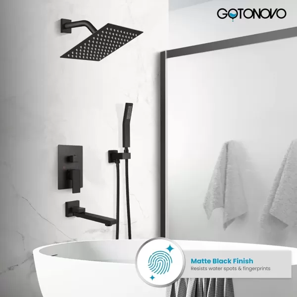 imagegotonovo Oil Rubbed Bronze Shower System Wall Mount Triple Function Bathroom Shower Faucet Set High Pressure Square 10quot Rain Showerhead Tub Shower Faucet with Hand Shower RoughIn ValveMatte Black