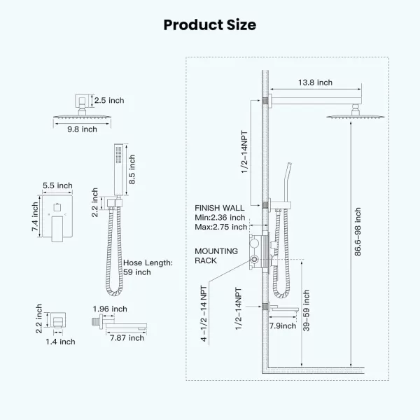 imagegotonovo Oil Rubbed Bronze Shower System Wall Mount Triple Function Bathroom Shower Faucet Set High Pressure Square 10quot Rain Showerhead Tub Shower Faucet with Hand Shower RoughIn ValveMatte Black