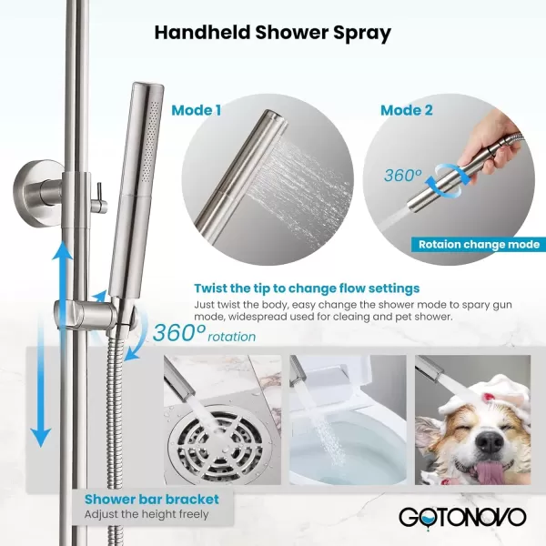 imagegotonovo Outdoor Shower Faucet Sets Matte Black 304 Stainless Steel Shower Head with 2 in 1 Cylinder Handheld Spray 2 Function Exposed Shower Combo Set Wall Mount Single HandleBrushed Nickel