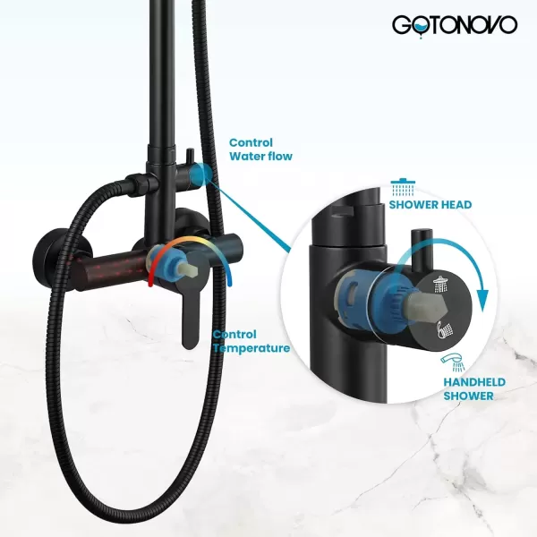 imagegotonovo Outdoor Shower Faucet Sets Matte Black 304 Stainless Steel Shower Head with 2 in 1 Cylinder Handheld Spray 2 Function Exposed Shower Combo Set Wall Mount Single HandleMatte Black