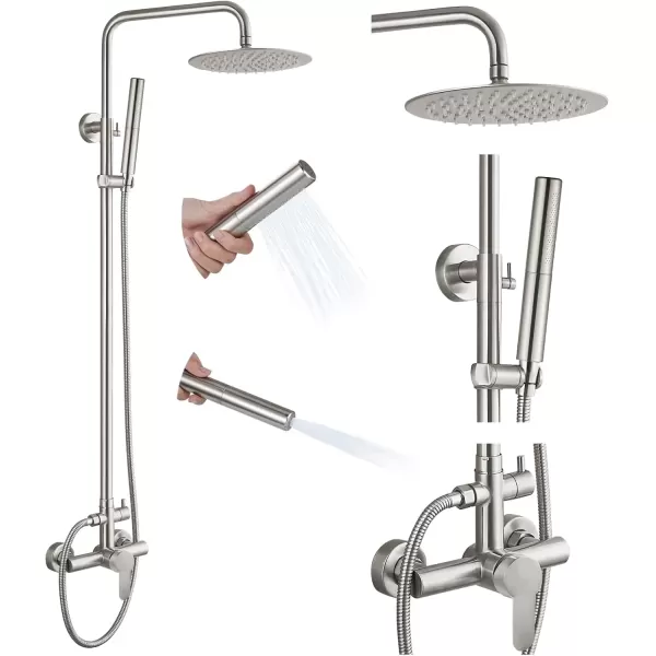 imagegotonovo Outdoor Shower Faucet Sets Matte Black 304 Stainless Steel Shower Head with 2 in 1 Cylinder Handheld Spray 2 Function Exposed Shower Combo Set Wall Mount Single HandleBrushed Nickel