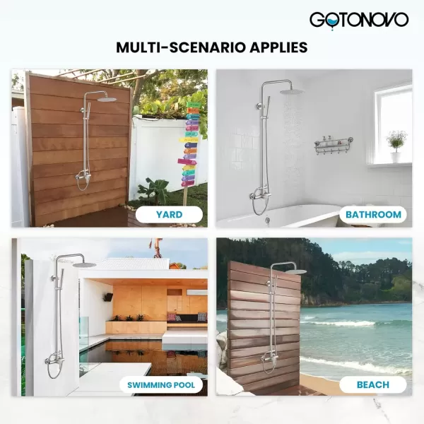 imagegotonovo Outdoor Shower Faucet Sets Matte Black 304 Stainless Steel Shower Head with 2 in 1 Cylinder Handheld Spray 2 Function Exposed Shower Combo Set Wall Mount Single HandleBrushed Nickel