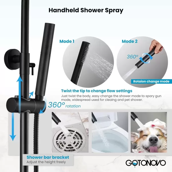 imagegotonovo Outdoor Shower Faucet Sets Matte Black 304 Stainless Steel Shower Head with 2 in 1 Cylinder Handheld Spray 2 Function Exposed Shower Combo Set Wall Mount Single HandleMatte Black