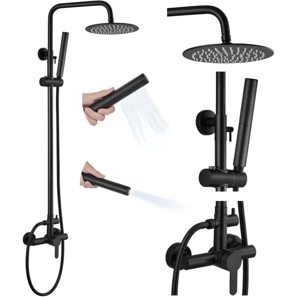 imagegotonovo Outdoor Shower Faucet Sets Matte Black 304 Stainless Steel Shower Head with 2 in 1 Cylinder Handheld Spray 2 Function Exposed Shower Combo Set Wall Mount Single HandleMatte Black