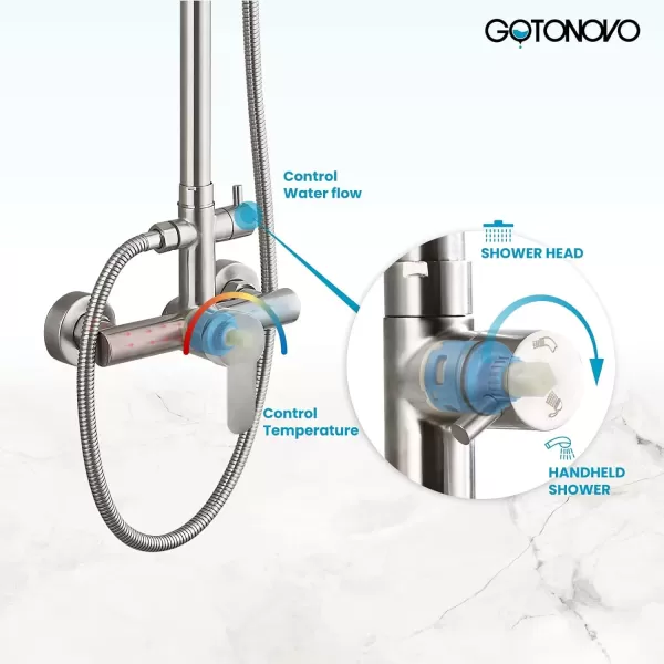 imagegotonovo Outdoor Shower Faucet Sets Matte Black 304 Stainless Steel Shower Head with 2 in 1 Cylinder Handheld Spray 2 Function Exposed Shower Combo Set Wall Mount Single HandleBrushed Nickel