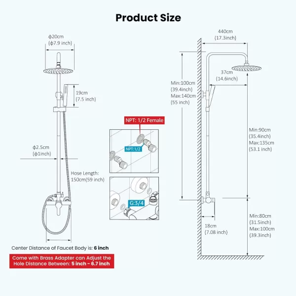 imagegotonovo Outdoor Shower Faucet Sets Matte Black 304 Stainless Steel Shower Head with 2 in 1 Cylinder Handheld Spray 2 Function Exposed Shower Combo Set Wall Mount Single HandleBrushed Nickel