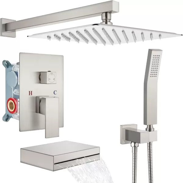 imagegotonovo Polish Chrome Rain Mixer Shower Faucet Set with Waterfall Tub Spout 10 inch Square Rainfall Shower Head with Handheld Spray Wall Mounted Roughin Valve and Trim IncludedBrushed Nickel