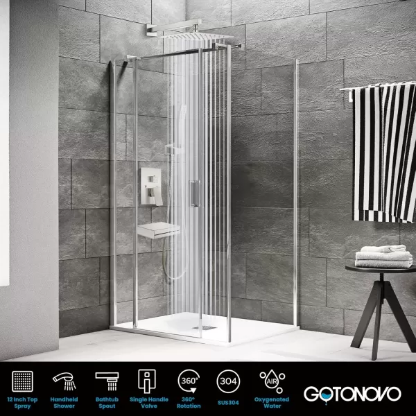 imagegotonovo Polish Chrome Rain Mixer Shower Faucet Set with Waterfall Tub Spout 10 inch Square Rainfall Shower Head with Handheld Spray Wall Mounted Roughin Valve and Trim IncludedBrushed Nickel