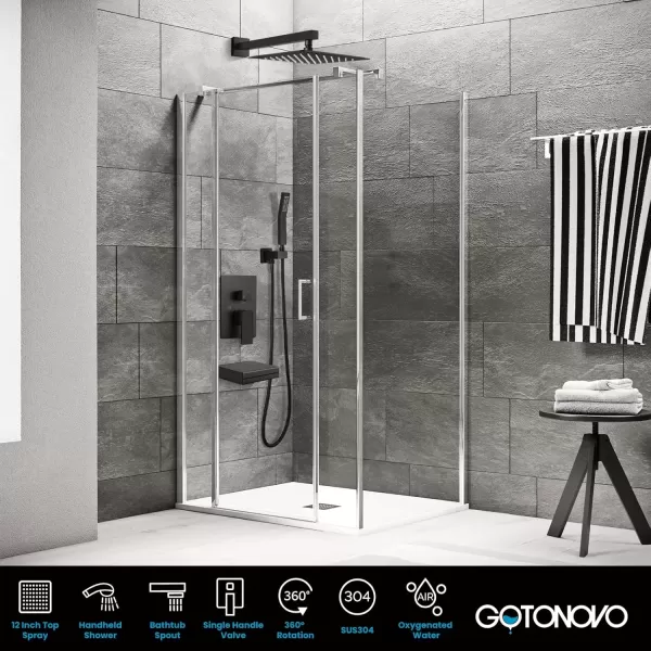 imagegotonovo Polish Chrome Rain Mixer Shower Faucet Set with Waterfall Tub Spout 10 inch Square Rainfall Shower Head with Handheld Spray Wall Mounted Roughin Valve and Trim IncludedMatte Black