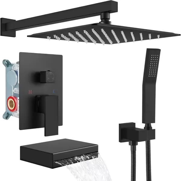 imagegotonovo Polish Chrome Rain Mixer Shower Faucet Set with Waterfall Tub Spout 10 inch Square Rainfall Shower Head with Handheld Spray Wall Mounted Roughin Valve and Trim IncludedMatte Black