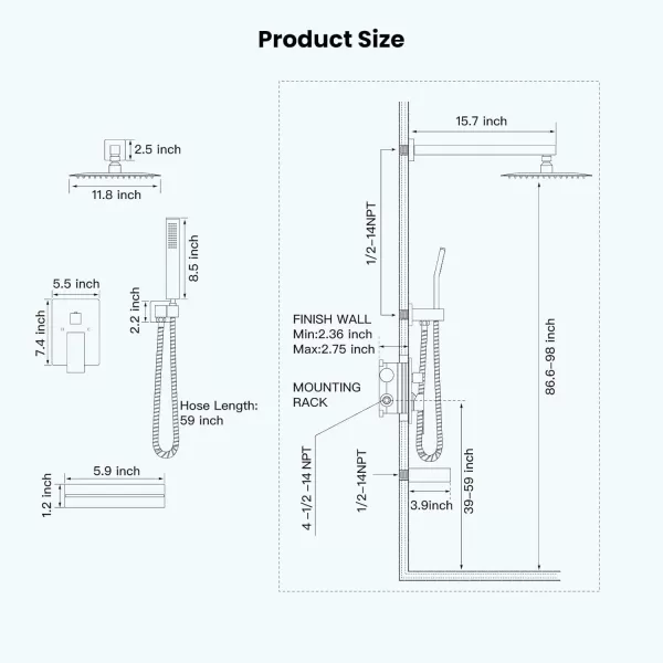 imagegotonovo Polish Chrome Rain Mixer Shower Faucet Set with Waterfall Tub Spout 10 inch Square Rainfall Shower Head with Handheld Spray Wall Mounted Roughin Valve and Trim IncludedMatte Black