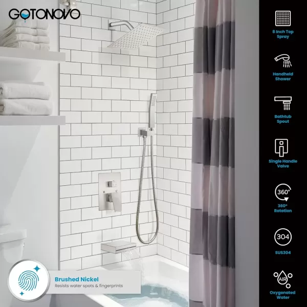 imagegotonovo Polish Chrome Rain Mixer Shower Faucet Set with Waterfall Tub Spout 10 inch Square Rainfall Shower Head with Handheld Spray Wall Mounted Roughin Valve and Trim IncludedBrushed Nickel