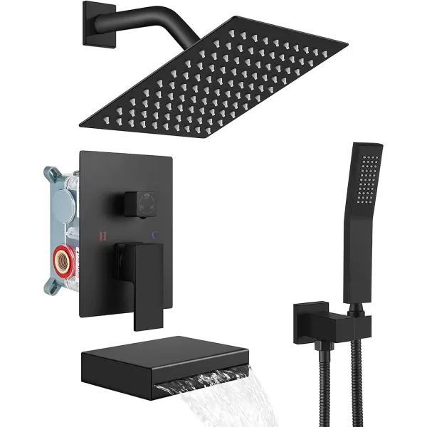 imagegotonovo Polish Chrome Rain Mixer Shower Faucet Set with Waterfall Tub Spout 10 inch Square Rainfall Shower Head with Handheld Spray Wall Mounted Roughin Valve and Trim IncludedMatte Black