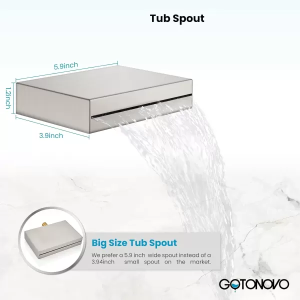 imagegotonovo Polish Chrome Rain Mixer Shower Faucet Set with Waterfall Tub Spout 10 inch Square Rainfall Shower Head with Handheld Spray Wall Mounted Roughin Valve and Trim IncludedBrushed Nickel