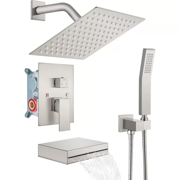 imagegotonovo Polish Chrome Rain Mixer Shower Faucet Set with Waterfall Tub Spout 10 inch Square Rainfall Shower Head with Handheld Spray Wall Mounted Roughin Valve and Trim IncludedBrushed Nickel