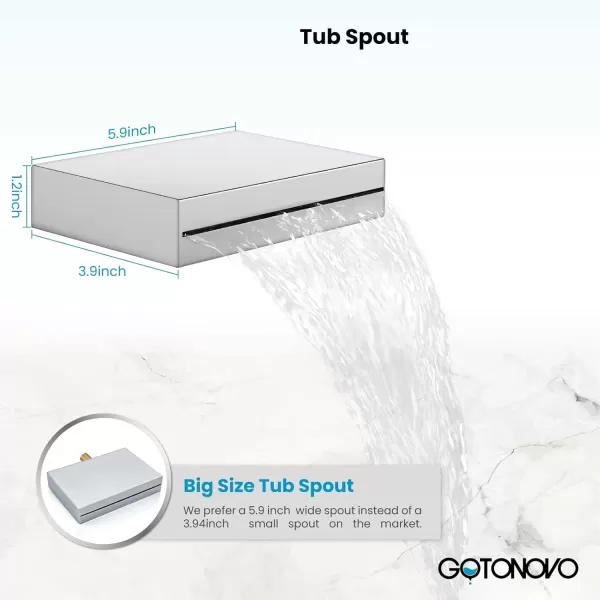 imagegotonovo Polish Chrome Rain Mixer Shower Faucet Set with Waterfall Tub Spout 10 inch Square Rainfall Shower Head with Handheld Spray Wall Mounted Roughin Valve and Trim IncludedChrome Polished