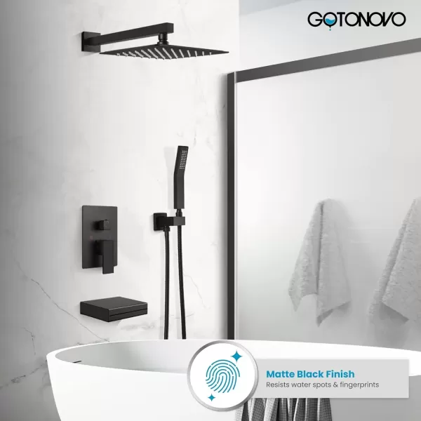 imagegotonovo Polish Chrome Rain Mixer Shower Faucet Set with Waterfall Tub Spout 10 inch Square Rainfall Shower Head with Handheld Spray Wall Mounted Roughin Valve and Trim IncludedMatte Black