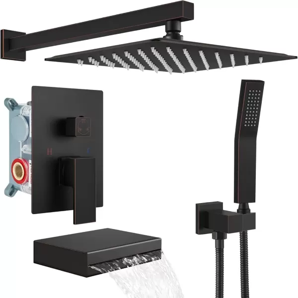 imagegotonovo Polish Chrome Rain Mixer Shower Faucet Set with Waterfall Tub Spout 10 inch Square Rainfall Shower Head with Handheld Spray Wall Mounted Roughin Valve and Trim IncludedOil Rubbed Bronze