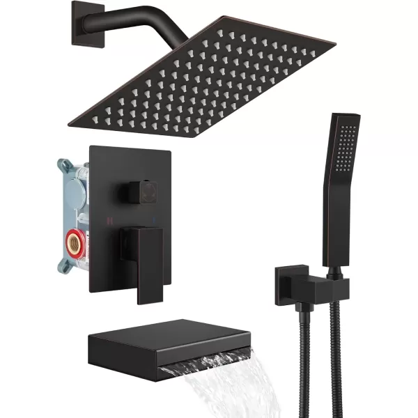 imagegotonovo Polish Chrome Rain Mixer Shower Faucet Set with Waterfall Tub Spout 10 inch Square Rainfall Shower Head with Handheld Spray Wall Mounted Roughin Valve and Trim IncludedOil Rubbed Bronze