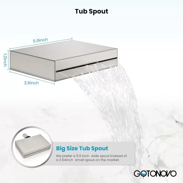 imagegotonovo Polish Chrome Rain Mixer Shower Faucet Set with Waterfall Tub Spout 10 inch Square Rainfall Shower Head with Handheld Spray Wall Mounted Roughin Valve and Trim IncludedBrushed Nickel