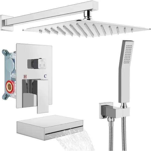 imagegotonovo Polish Chrome Rain Mixer Shower Faucet Set with Waterfall Tub Spout 10 inch Square Rainfall Shower Head with Handheld Spray Wall Mounted Roughin Valve and Trim IncludedChrome Polished
