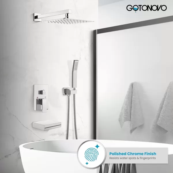 imagegotonovo Polish Chrome Rain Mixer Shower Faucet Set with Waterfall Tub Spout 10 inch Square Rainfall Shower Head with Handheld Spray Wall Mounted Roughin Valve and Trim IncludedChrome Polished