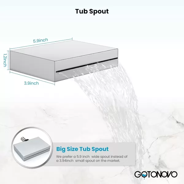 imagegotonovo Polish Chrome Rain Mixer Shower Faucet Set with Waterfall Tub Spout 10 inch Square Rainfall Shower Head with Handheld Spray Wall Mounted Roughin Valve and Trim IncludedChrome Polished