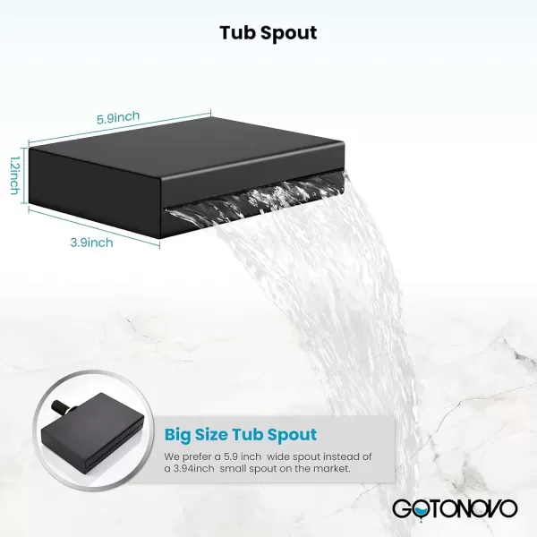 imagegotonovo Polish Chrome Rain Mixer Shower Faucet Set with Waterfall Tub Spout 10 inch Square Rainfall Shower Head with Handheld Spray Wall Mounted Roughin Valve and Trim IncludedMatte Black