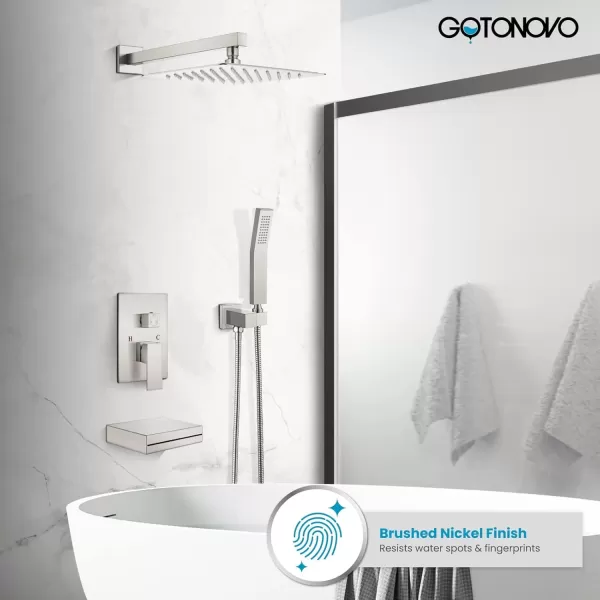 imagegotonovo Polish Chrome Rain Mixer Shower Faucet Set with Waterfall Tub Spout 10 inch Square Rainfall Shower Head with Handheld Spray Wall Mounted Roughin Valve and Trim IncludedBrushed Nickel