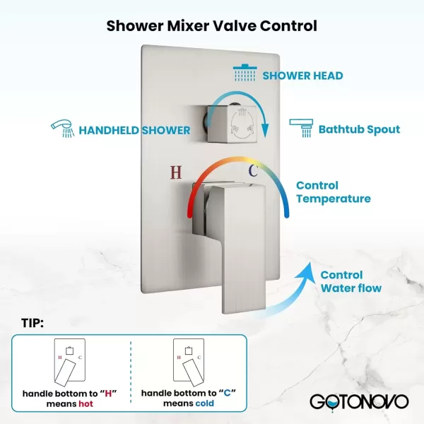 imagegotonovo Polish Chrome Rain Mixer Shower Faucet Set with Waterfall Tub Spout 10 inch Square Rainfall Shower Head with Handheld Spray Wall Mounted Roughin Valve and Trim IncludedBrushed Nickel